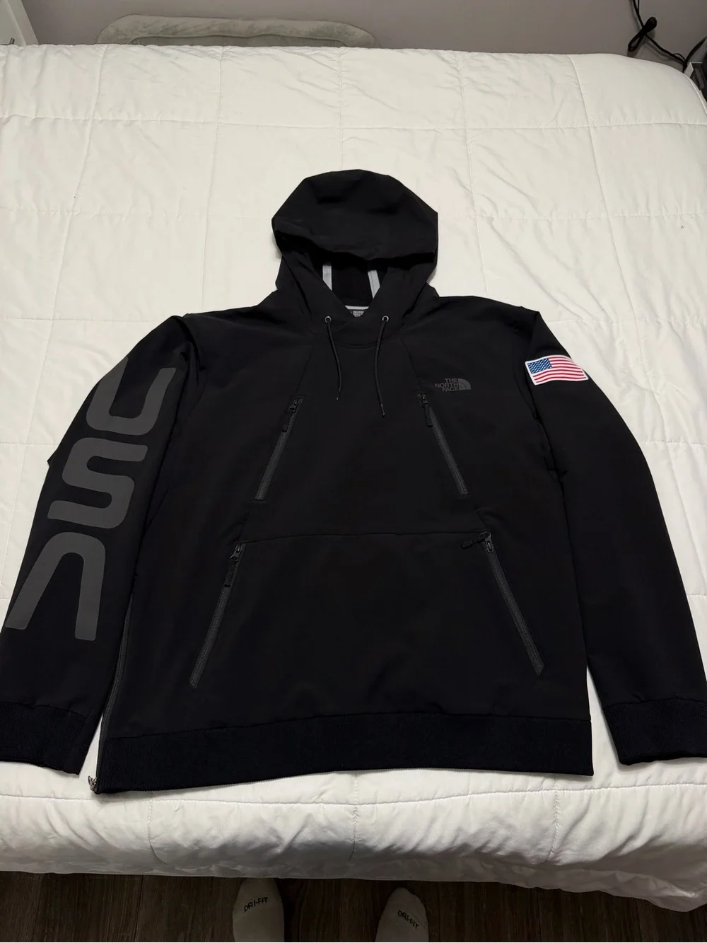 The North Face Black Pullover Hoodie with American Flag Patch